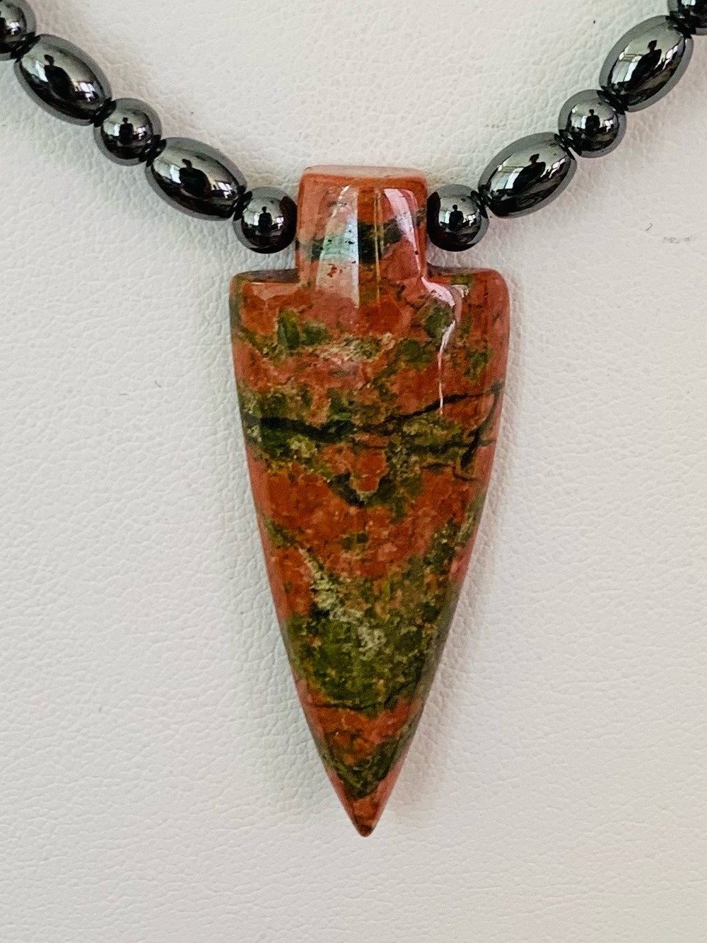 Unakite Arrowhead Pendant Hematite Bead Necklace